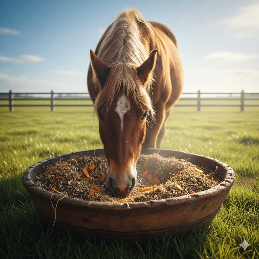 Braunes Pferd mit heller Mähne frisst Pferdemüsli mit Karottenstücken aus einem runden Futtertrog auf einer grünen Weide, im Hintergrund ein Holzzaun.