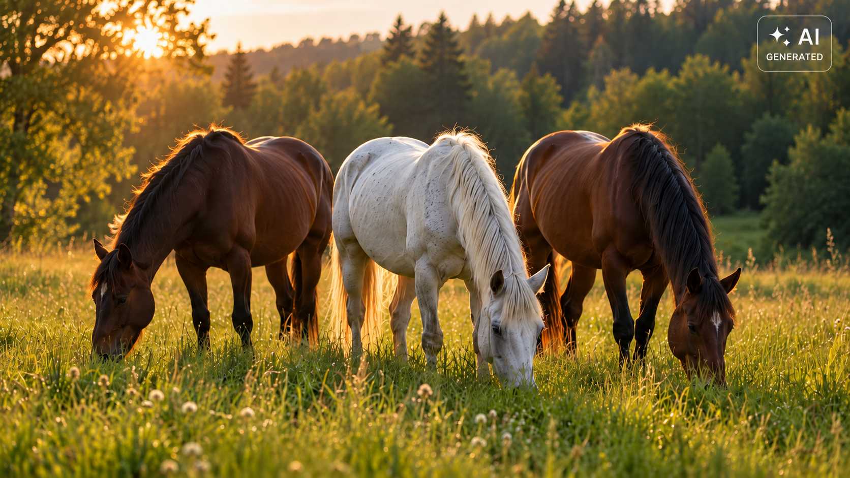 Drei Pferde grasen gemeinsam auf einer Wiese bei Abendlicht