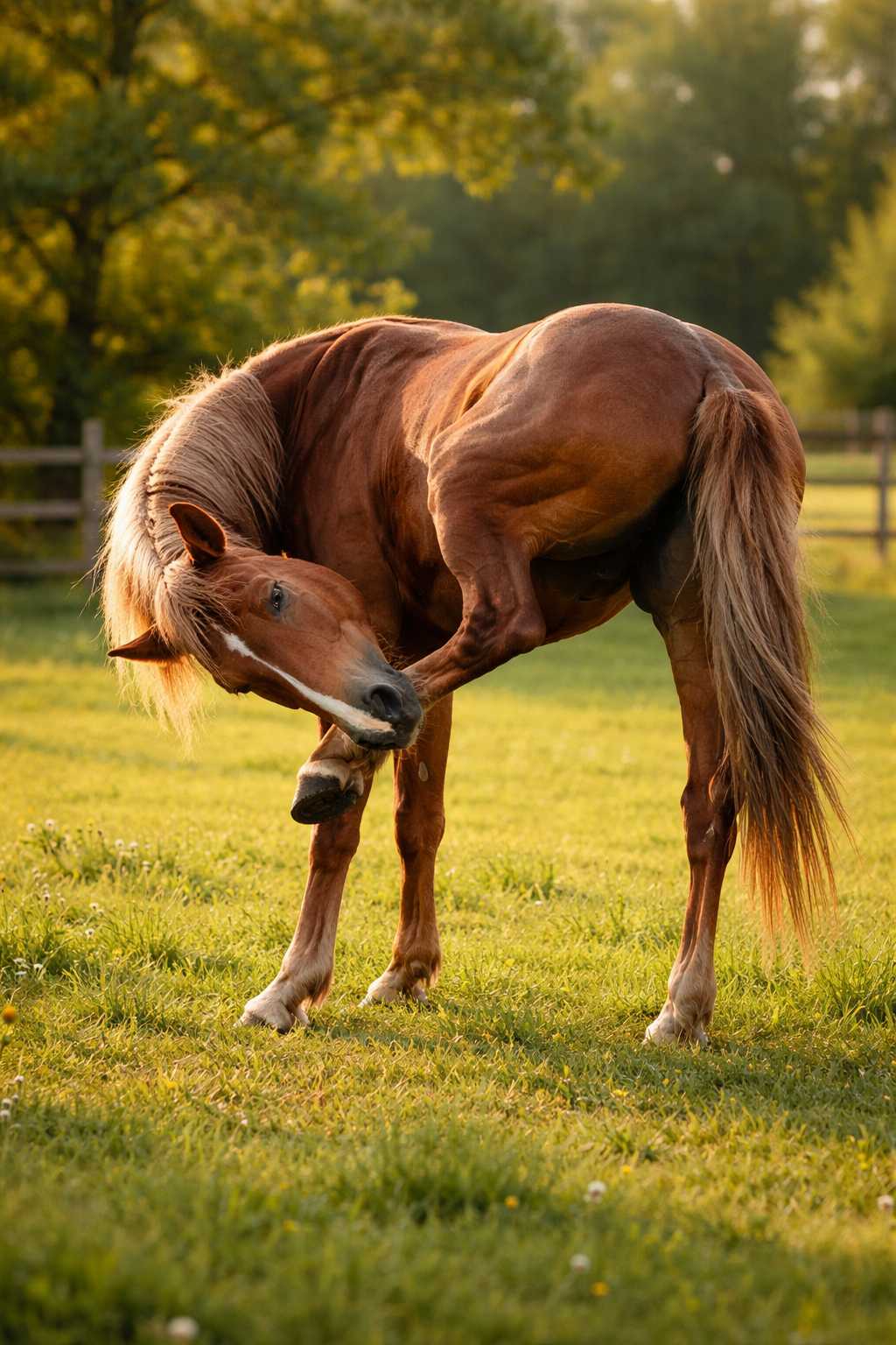 Braunes Pferd steht auf einer grünen Wiese und kratzt sich mit dem Hinterbein am Kopf, im warmen Abendlicht mit Bäumen im Hintergrund.