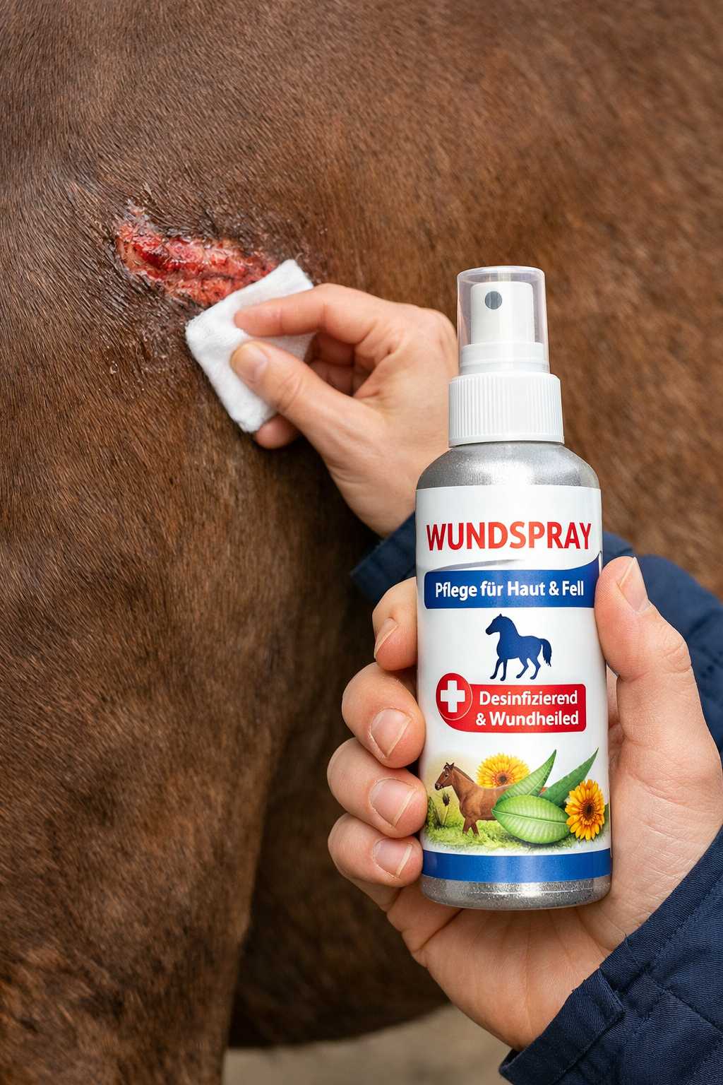 Hand reinigt eine Wunde am Pferd mit Desinfektionsspray