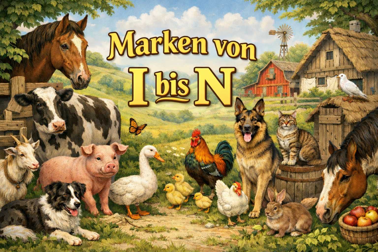 Illustration mit Bauernhoftieren wie Pferd, Kuh, Schwein, Hund, Katze und Geflügel sowie Schriftzug Marken von I bis N