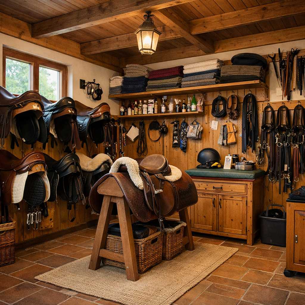 Ordentliche Sattelkammer mit mehreren Sätteln, Trensen und Reitzubehör an Holzwänden sowie Pflegeprodukten und Decken