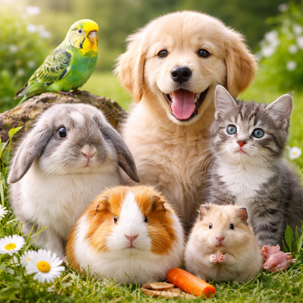 Mehrere Heimtiere wie Hund, Katze, Kaninchen, Meerschweinchen, Hamster und Wellensittich zusammen im Garten