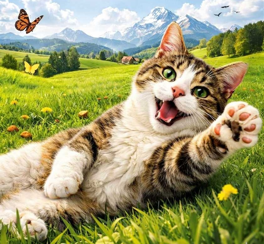 Verspielte Katze liegt auf einer grünen Wiese vor Berglandschaft mit Happy Cat Logo im Hintergrund