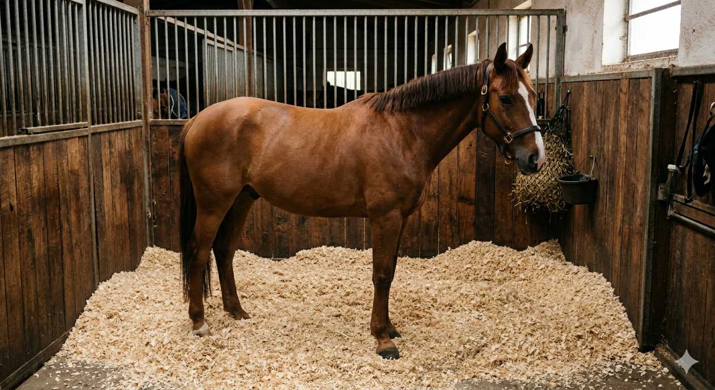 Braunes Pferd steht ruhig in einer großen Stallbox mit frischer Späne-Einstreu