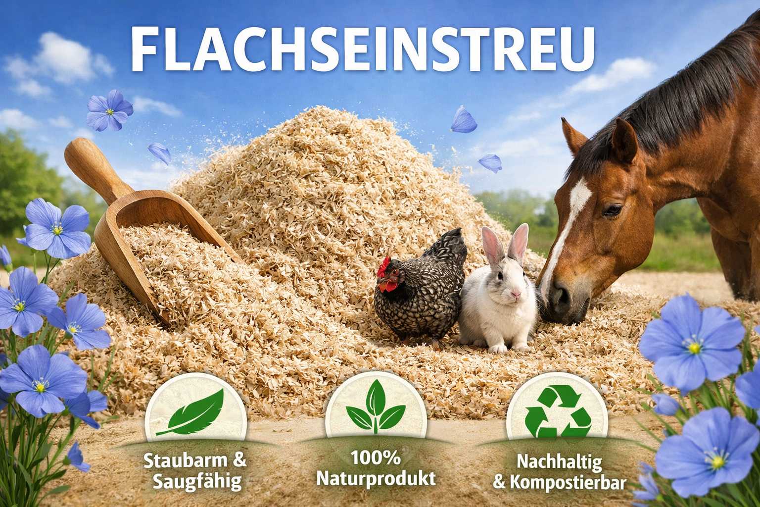 Flachseinstreu als natürliche Einstreu für Pferde, Hühner und Kaninchen