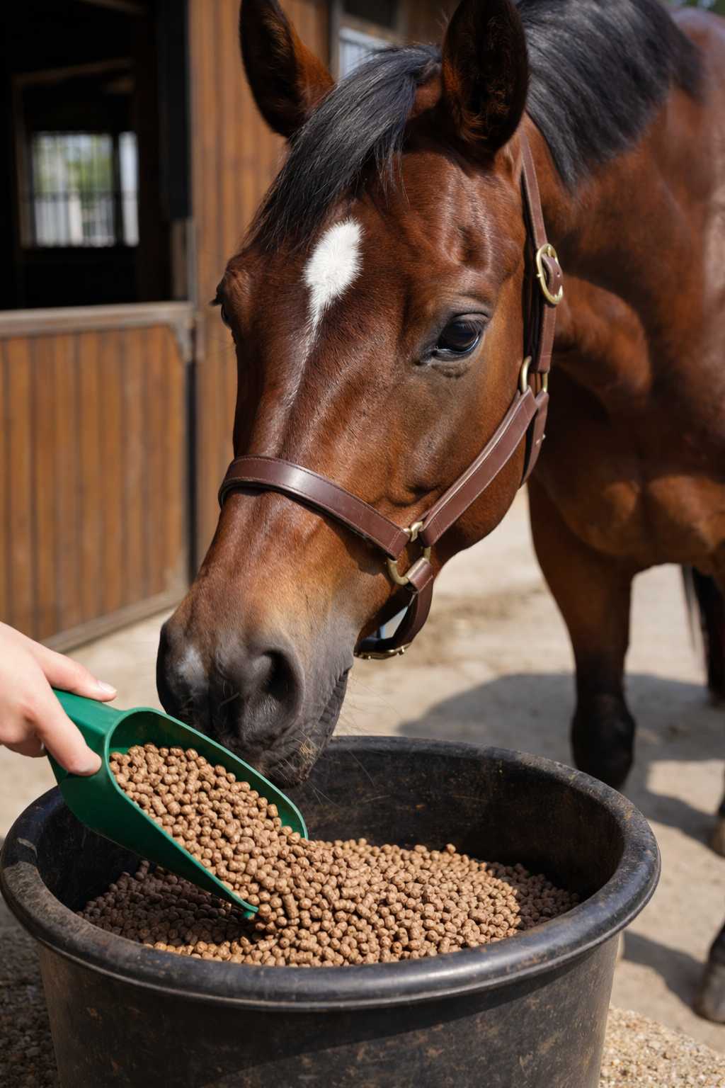 Braunes Pferd frisst Pellets aus einem Futtereimer, während es mit einer Schaufel gefüttert wird