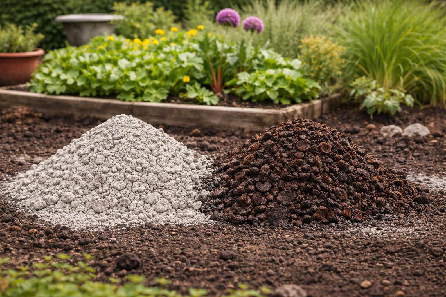 Zwei Haufen Gartenmaterial zur Bodenverbesserung vor einem bepflanzten Beet im Garten