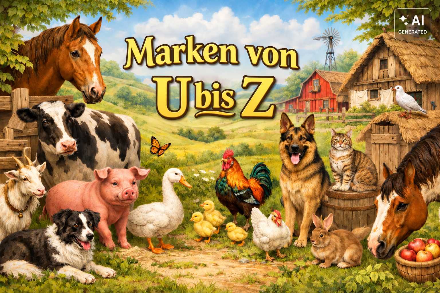 Illustrierte Bauernhofszene mit Pferden, Kuh, Schwein, Ziege, Hund, Katze, Kaninchen und Geflügel. In der Mitte steht der Schriftzug „Marken von U bis Z“.