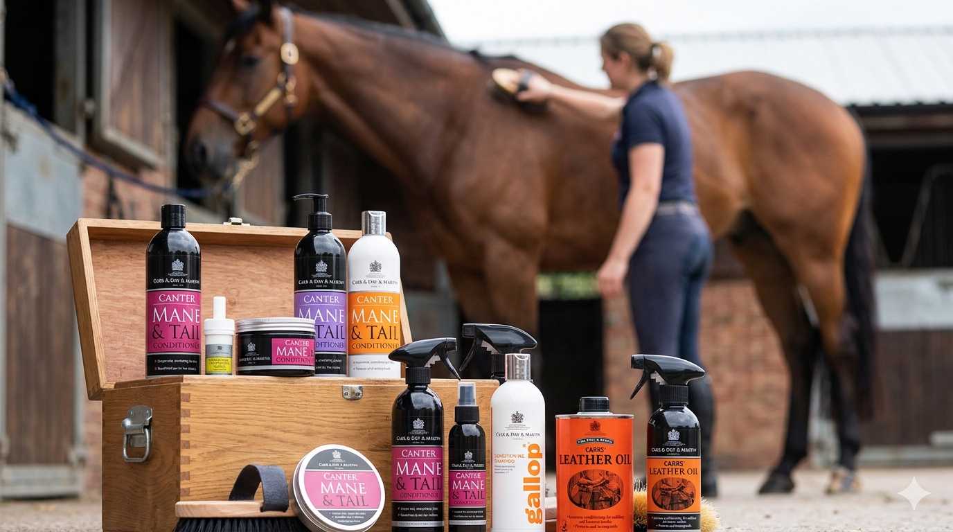 Pferdepflegeprodukte für Mähne, Schweif und Lederpflege vor einem Pferd, das im Hintergrund gebürstet wird