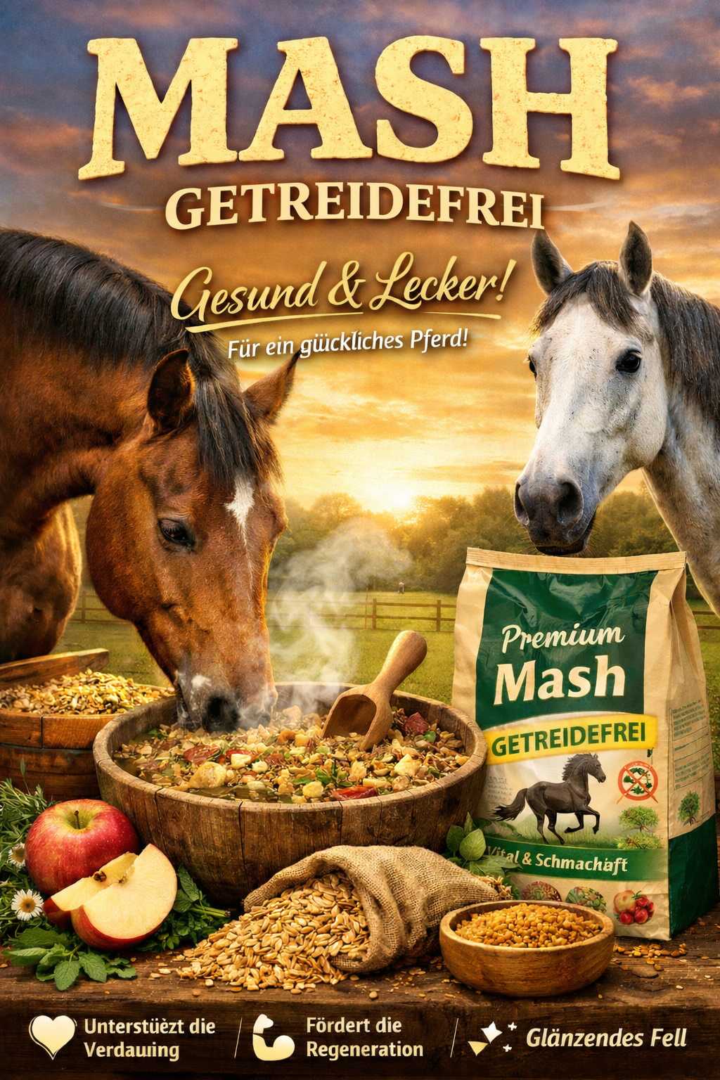 Zwei Pferde fressen warmes getreidefreies Mash aus einer Futterschüssel neben Premium Mash Pferdefutter Sack
