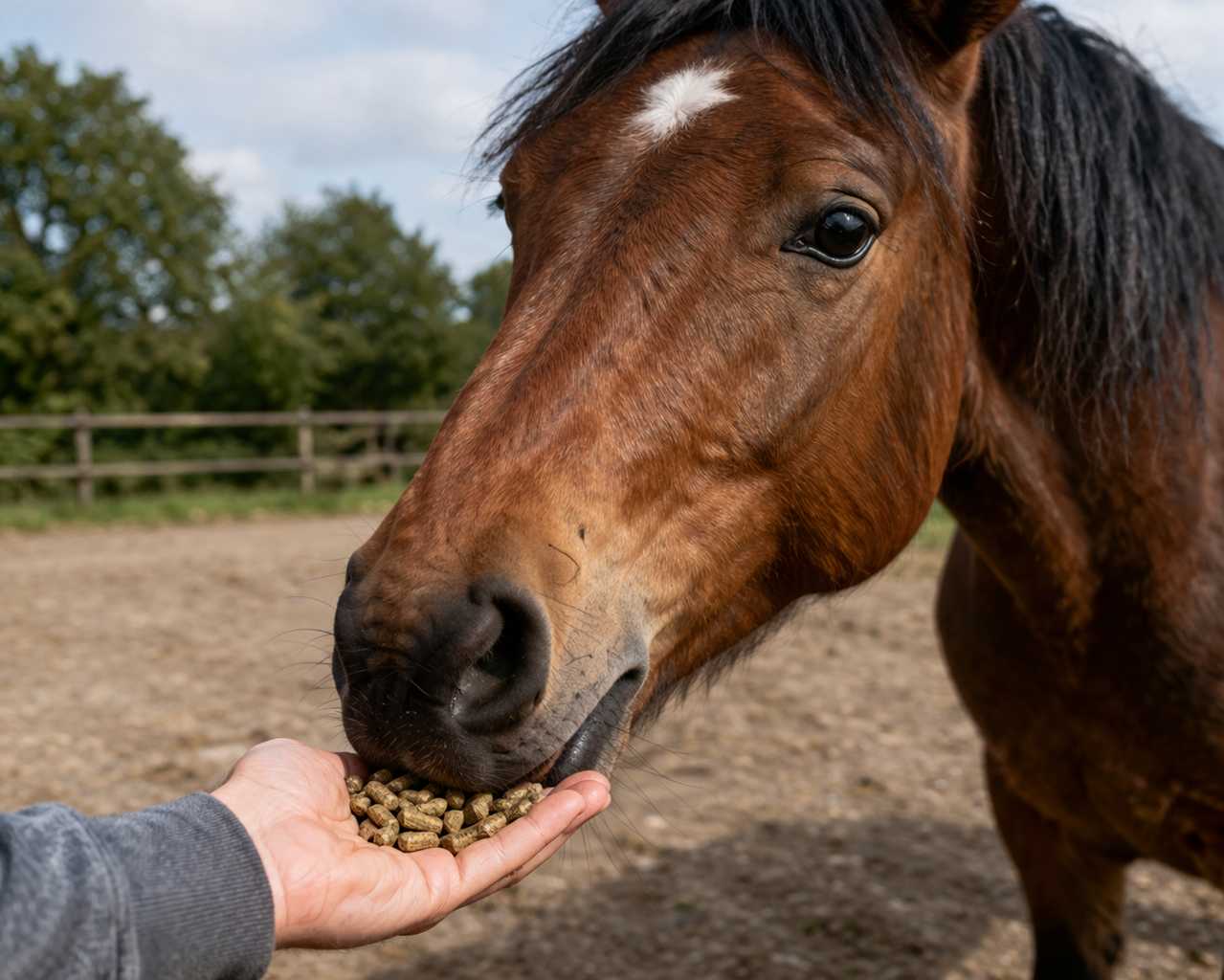 Braunes Pferd frisst Pellets direkt aus der Hand einer Person auf einem Reitplatz