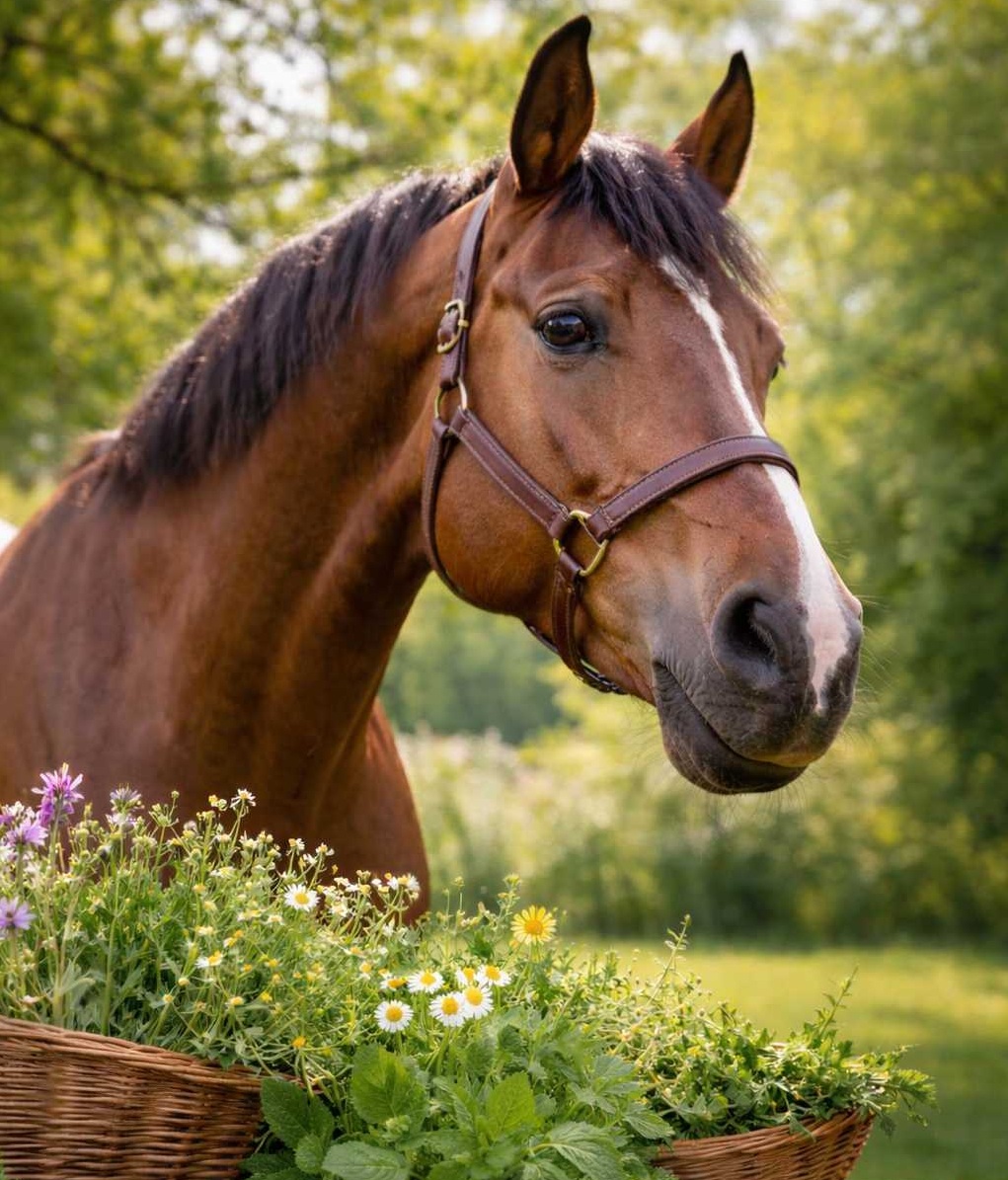 Braunes Pferd neben Körben mit frischen Kräutern wie Kamille und Löwenzahn auf einer Wiese
