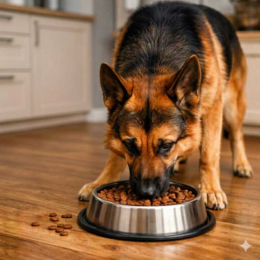 Deutscher Schäferhund frisst Trockenfutter aus einem Metallnapf auf einem Holzboden in der Küche