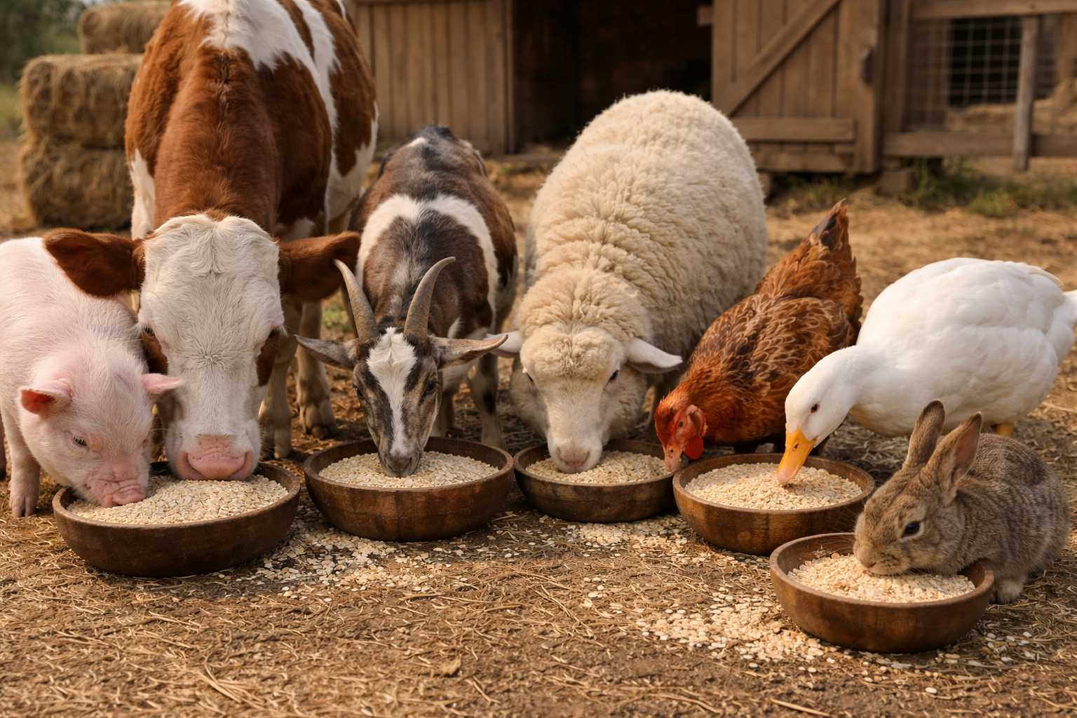 Schwein, Kuh, Ziege, Schaf, Huhn, Ente und Kaninchen fressen gemeinsam aus Schalen auf einem Bauernhof