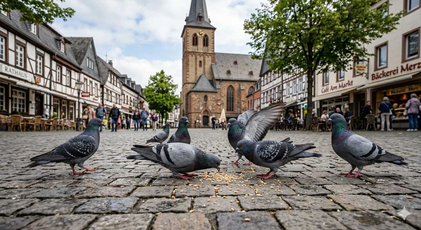 Mehrere Tauben fressen Körner auf einem Kopfsteinpflaster-Marktplatz vor Fachwerkhäusern und einer Kirche
