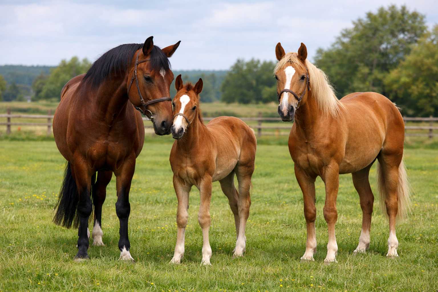 Drei Pferde – zwei erwachsene Pferde und ein Fohlen – stehen gemeinsam auf einer grünen Weide