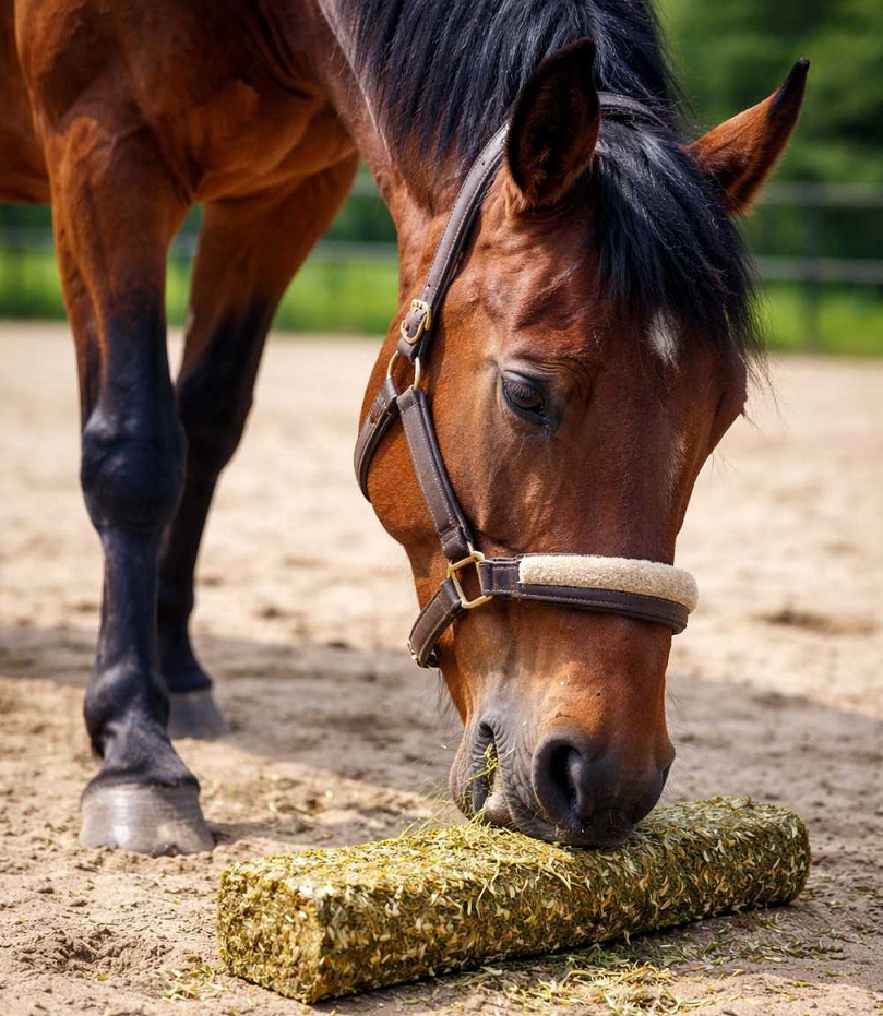 Pferd frisst gepressten Luzerne-Block auf dem Reitplatz als nährstoffreiches Raufutter.