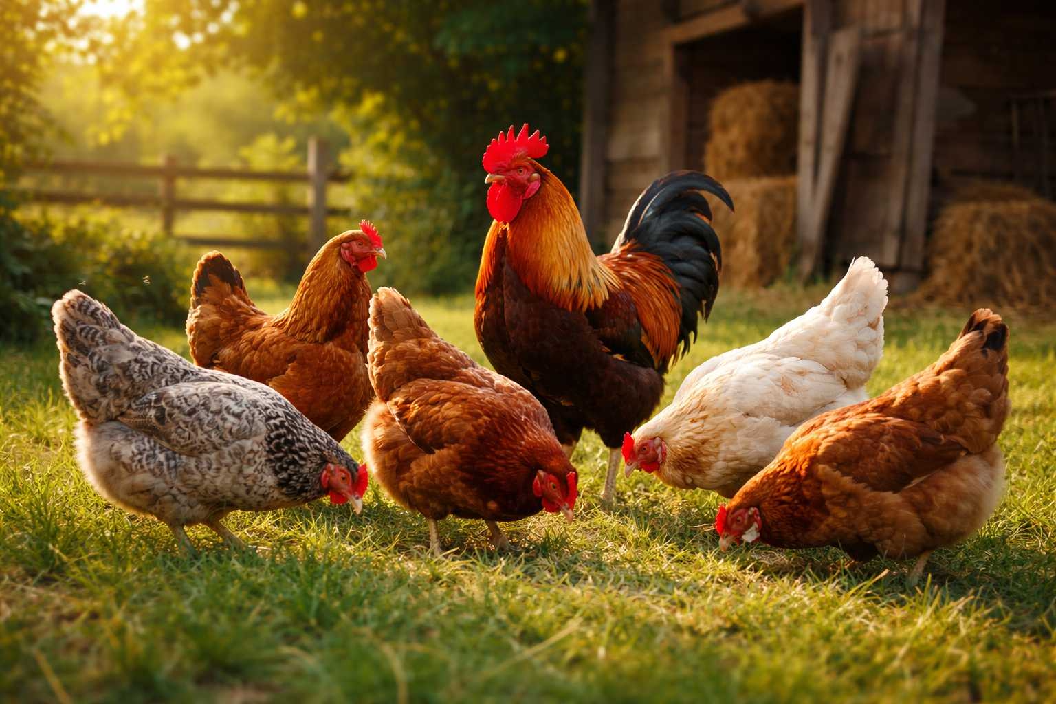 Mehrere Hühner und ein Hahn picken gemeinsam auf einer grünen Wiese im warmen Sonnenlicht