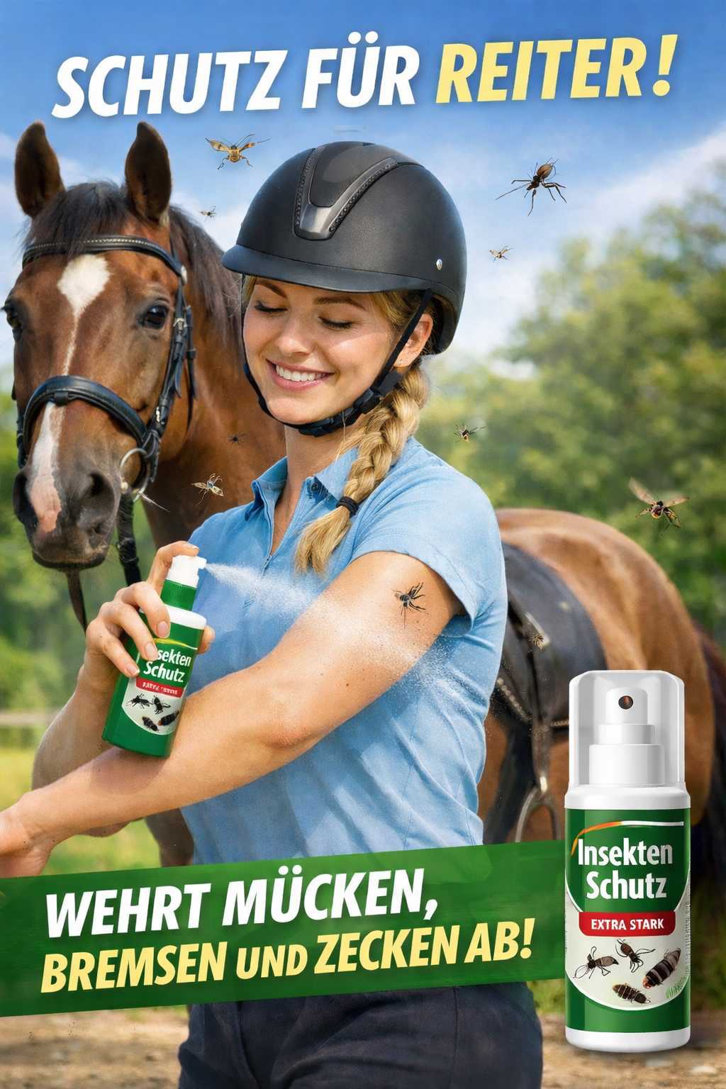 Reiterin sprüht Insektenschutz auf den Arm während ein Pferd neben ihr steht