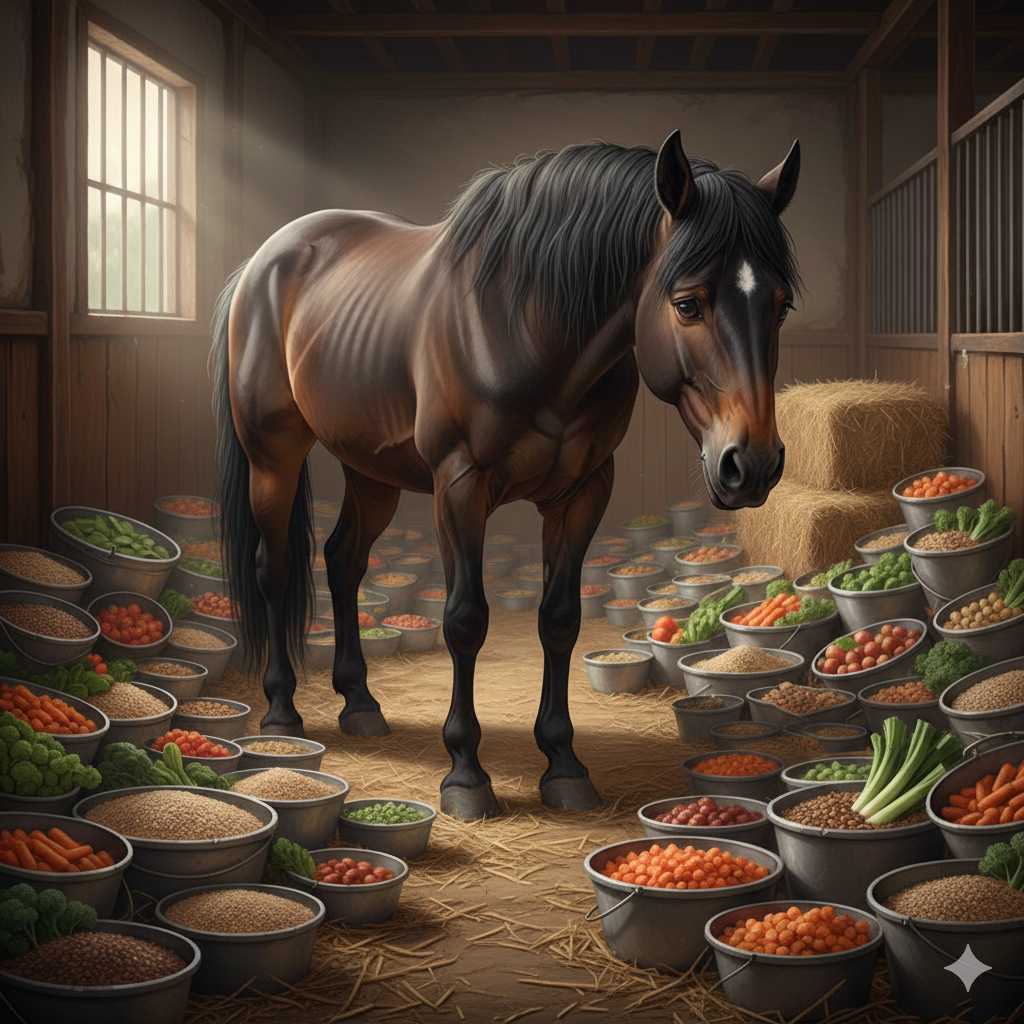 Pferd steht im Stall umgeben von verschiedenen Futterschüsseln mit Getreide, Gemüse und Kraftfutter – Symbol für ausgewogene und bedarfsgerechte Pferdeernährung.