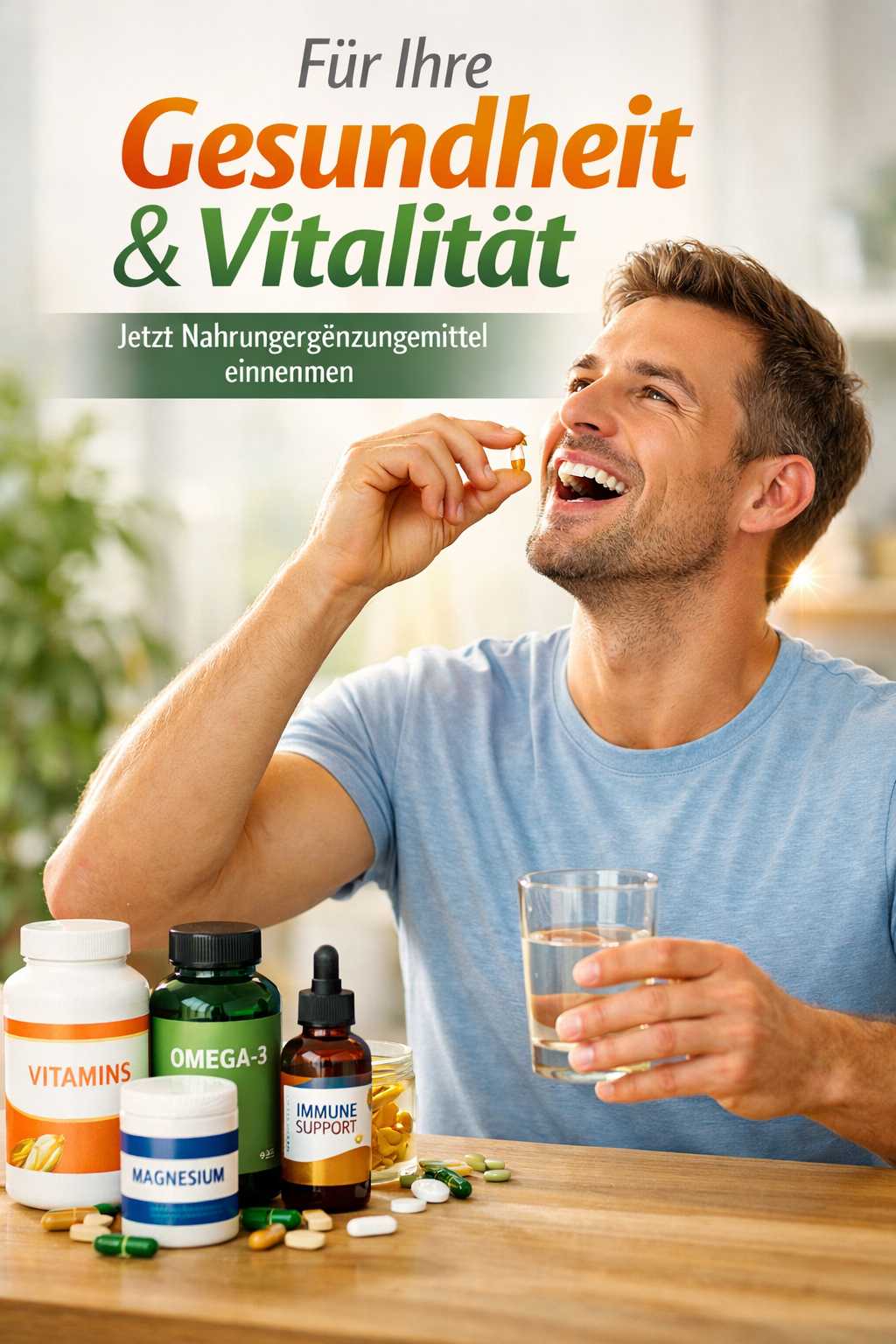 Mann nimmt eine Kapsel Nahrungsergänzungsmittel mit Wasser, Vitamine und Omega-3 stehen auf dem Tisch