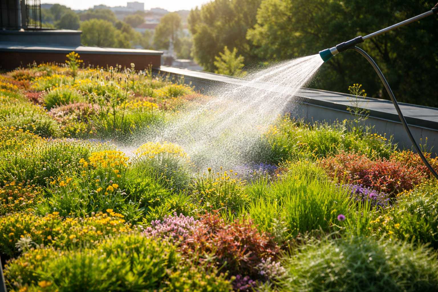 Bewässerung eines begrünten Flachdachs mit bunten Pflanzen und Sedum durch einen Gartenschlauch bei Sonnenschein