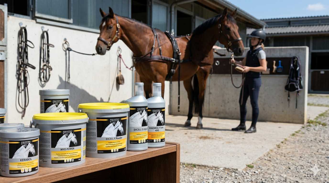 Mehrere Ergänzungsfuttermittel für Pferde auf einem Tisch im Stall, im Hintergrund werden zwei Pferde gepflegt.