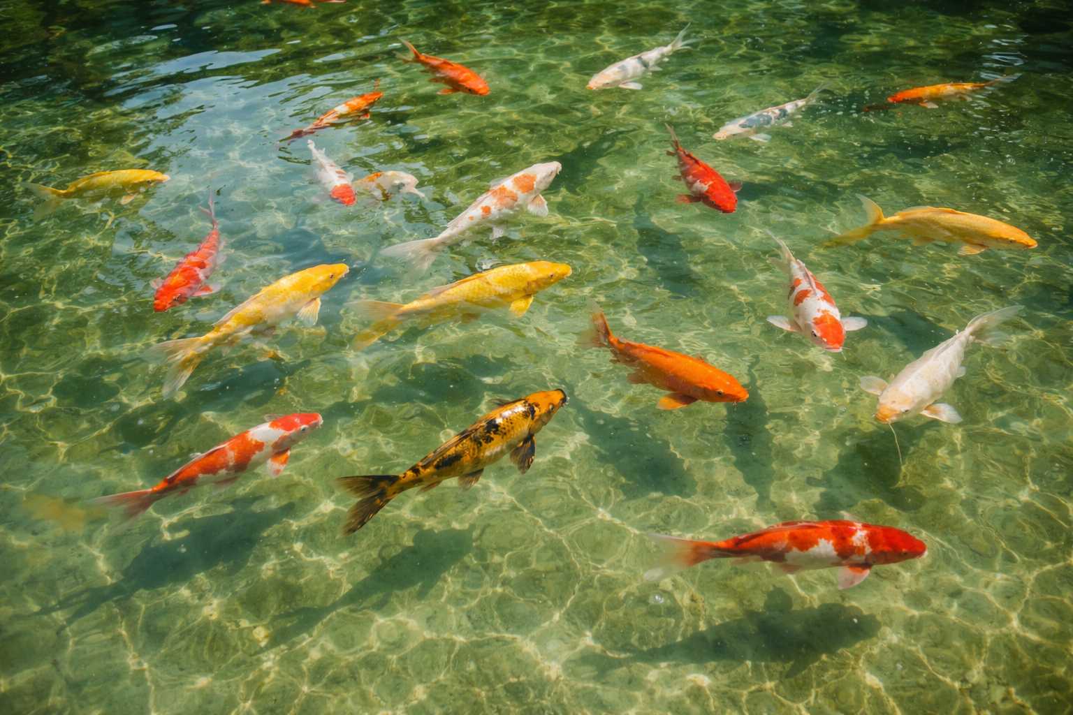 Mehrere bunte Koi Karpfen schwimmen in klarem Wasser eines Gartenteichs aus der Vogelperspektive