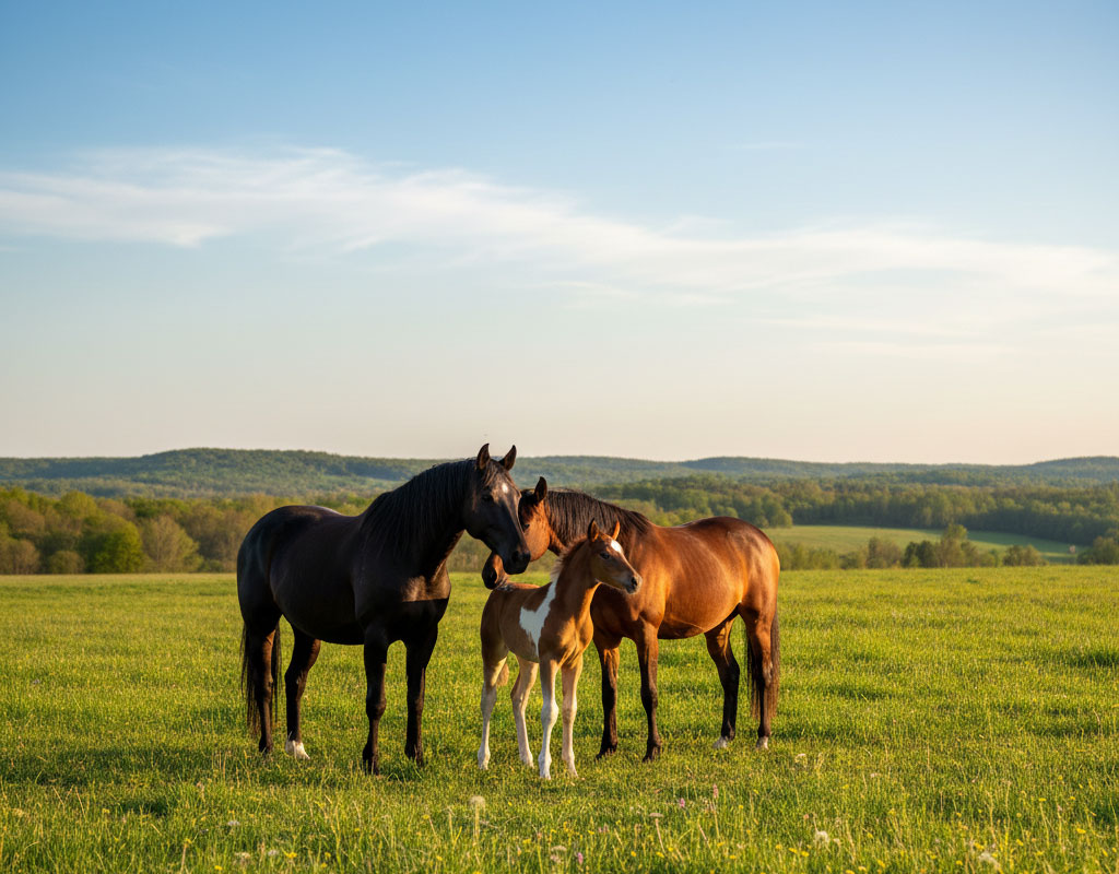 Zwei ausgewachsene Pferde und ein Fohlen stehen auf der Weide