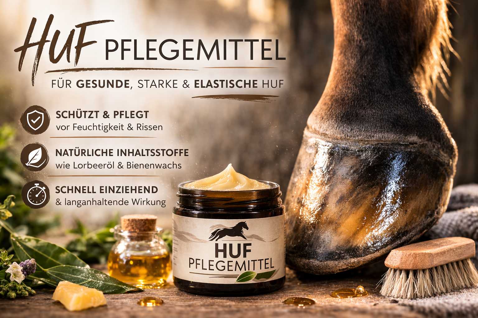 Pflegemittel wird auf den Huf eines Pferdes aufgetragen