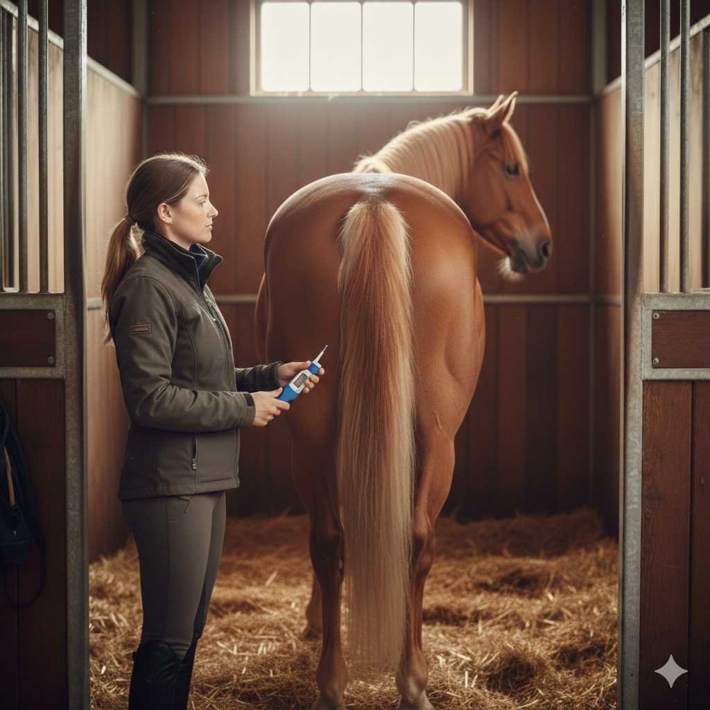 Pferdehalterin misst im Stall mit einem digitalen Thermometer die Körpertemperatur eines Pferdes – Kontrolle auf Fieber oder Erkrankung.