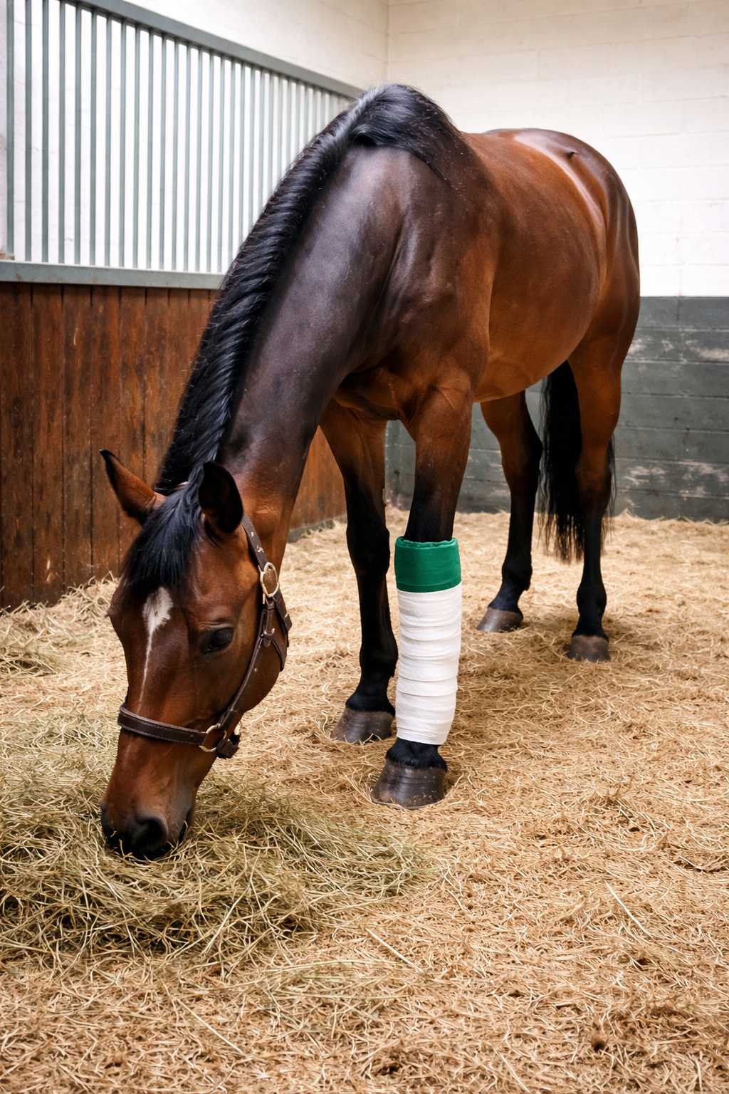Braunes Pferd mit bandagiertem Vorderbein frisst Heu in der Box – ruhige Fütterung während Regeneration oder Boxenruhe