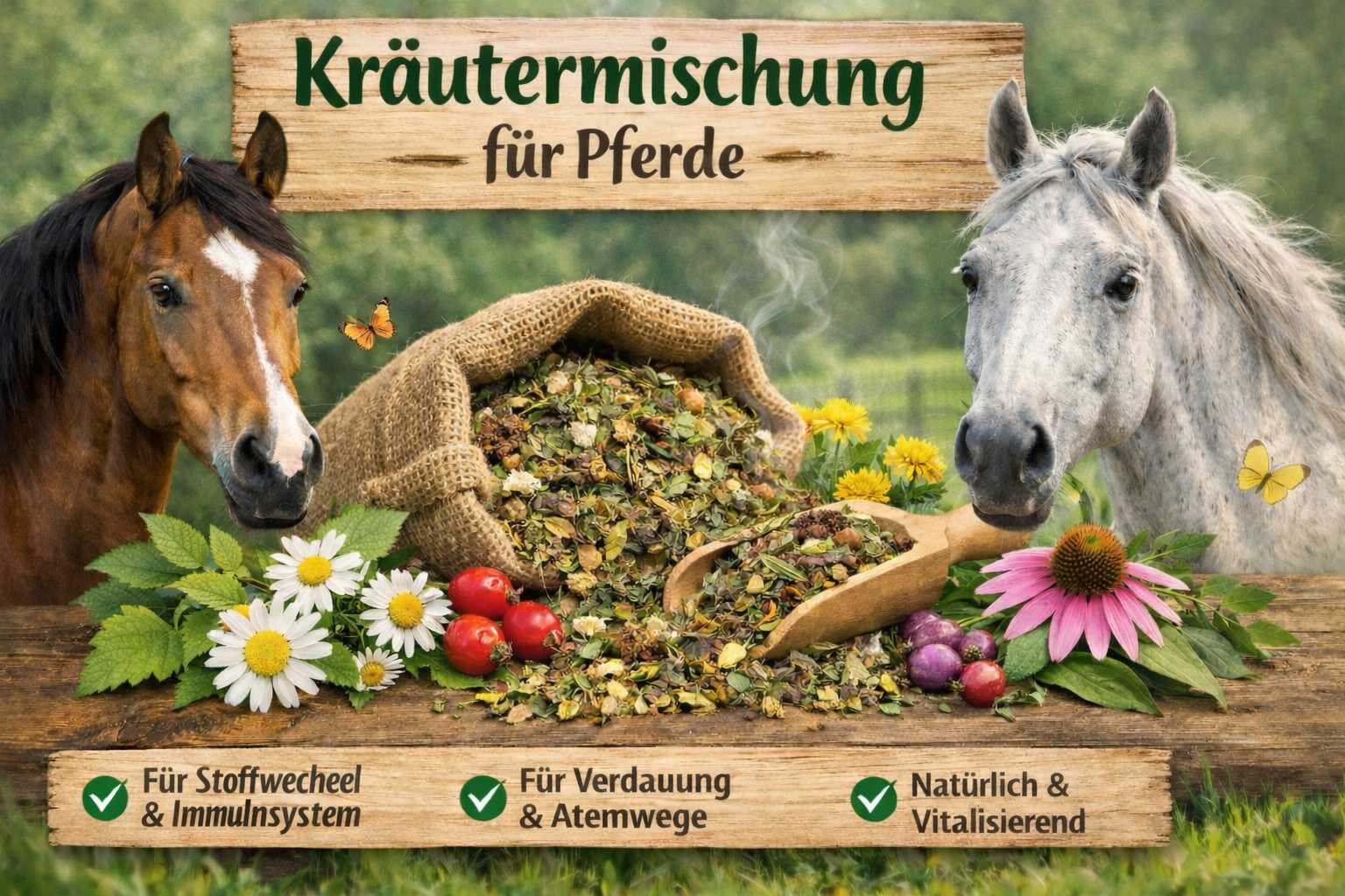 Kräutermischung für Pferde mit verschiedenen Heilkräutern, Blüten und Hagebutten – zwei Pferde stehen im Hintergrund auf einer Wiese