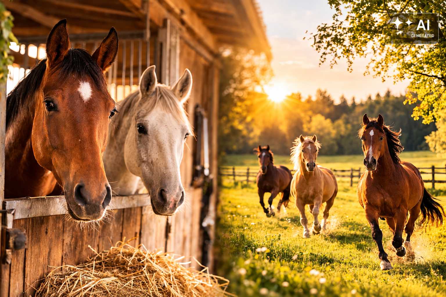 Mehrere Pferde am Stall und auf einer sonnigen grünen Weide