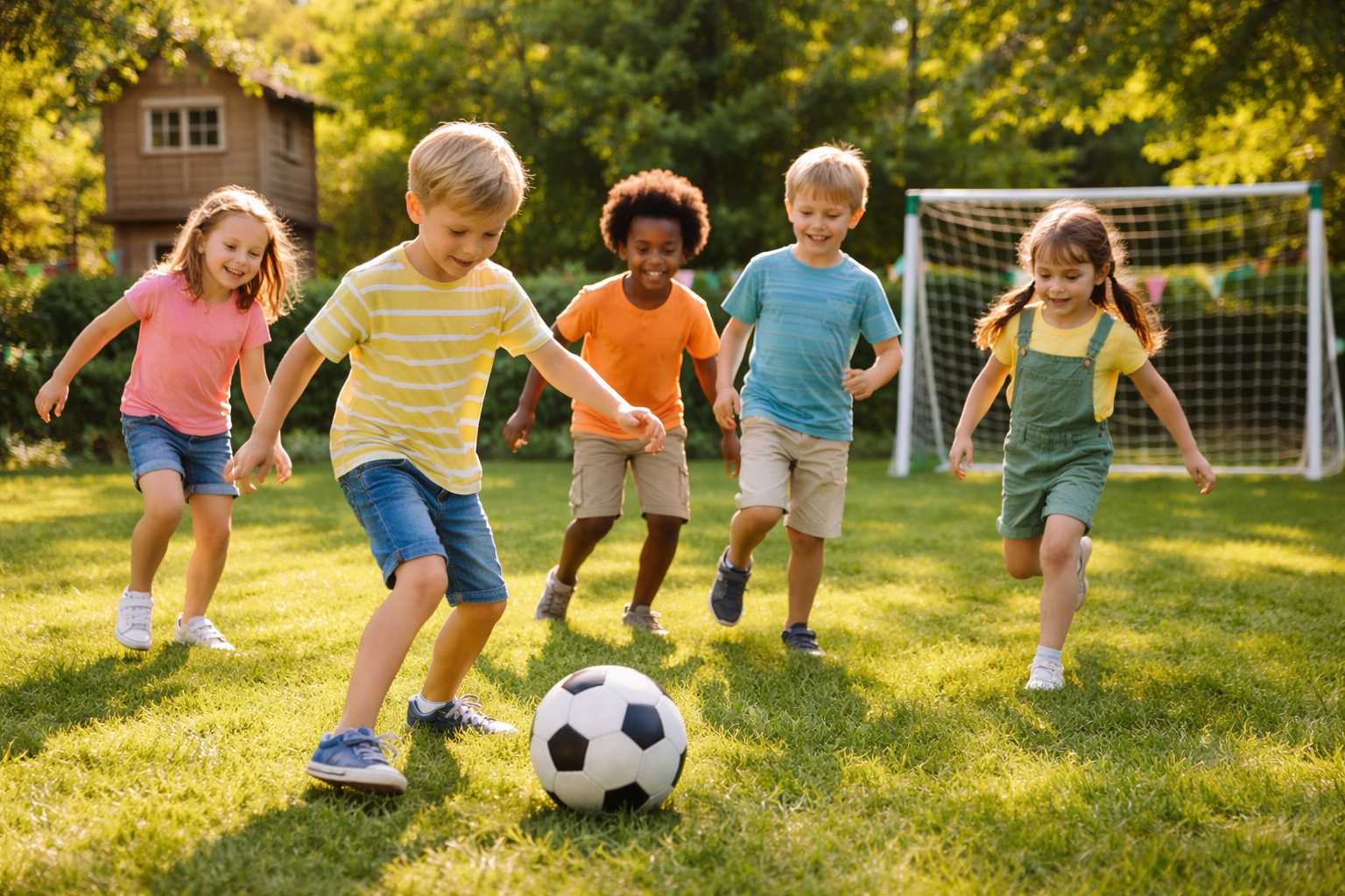 Gruppe von Kindern spielt gemeinsam Fußball auf einer grünen Wiese im Garten bei sonnigem Wetter
