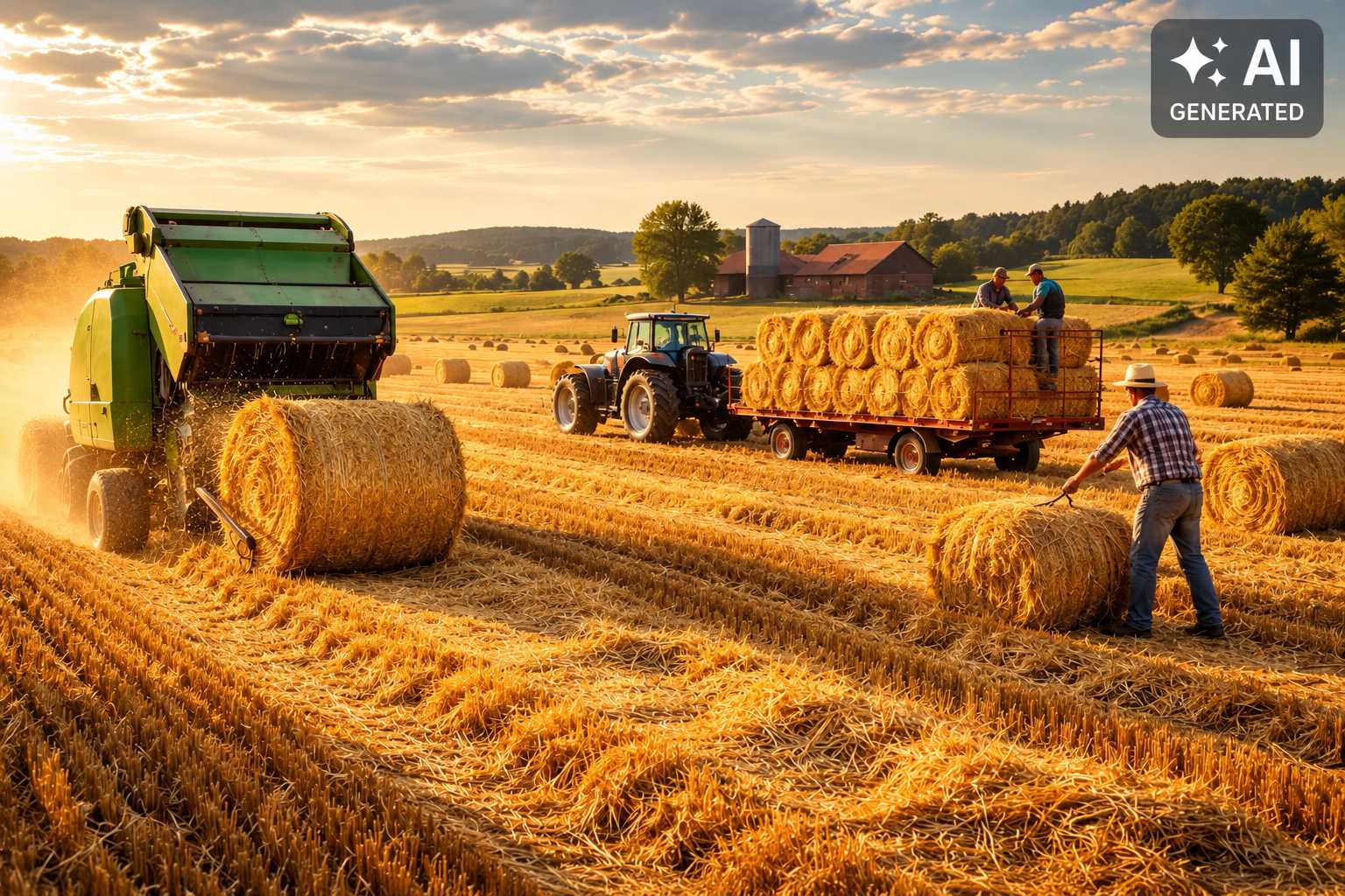 Landwirtschaftliche Maschinen und Helfer sammeln große Strohballen auf einem abgeernteten Feld