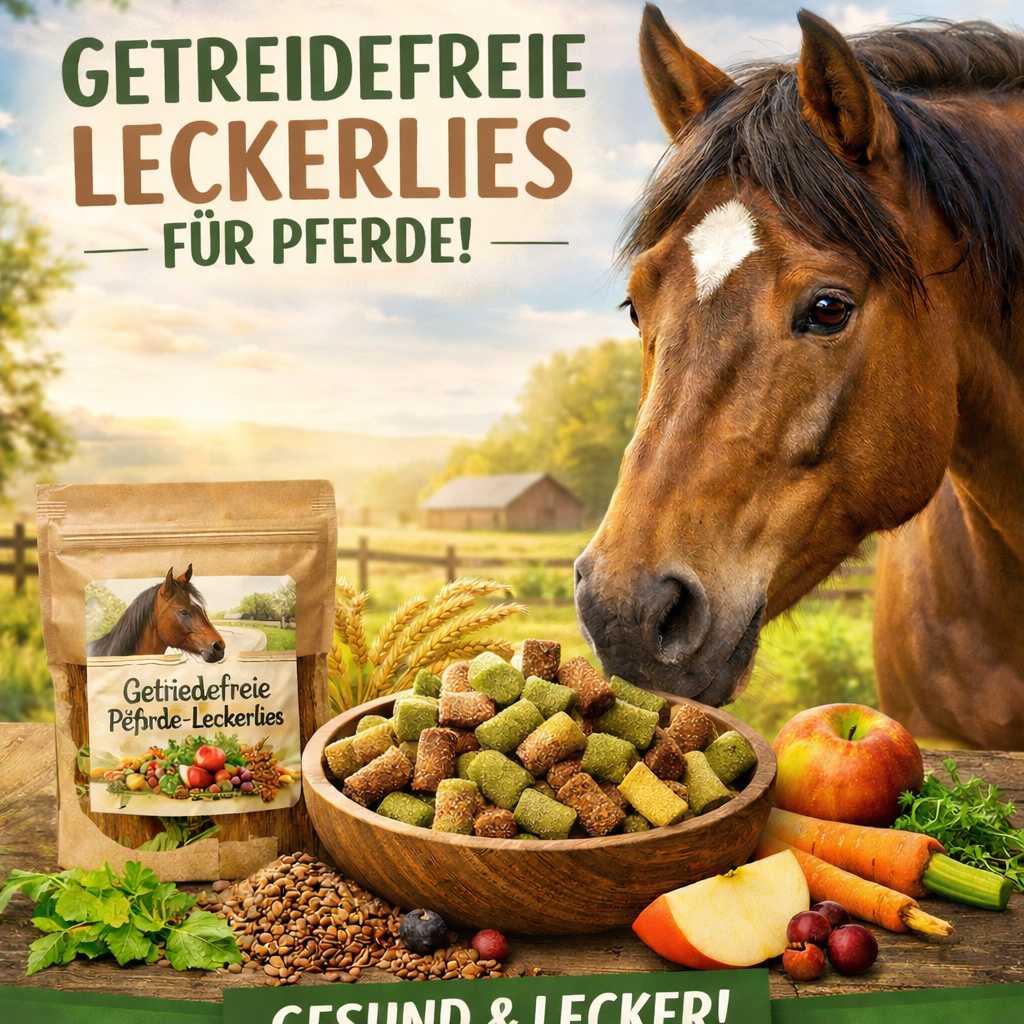 Pferd frisst getreidefreie Pferde-Leckerlies aus einer Schüssel neben Beutel mit Pferdeleckerlis