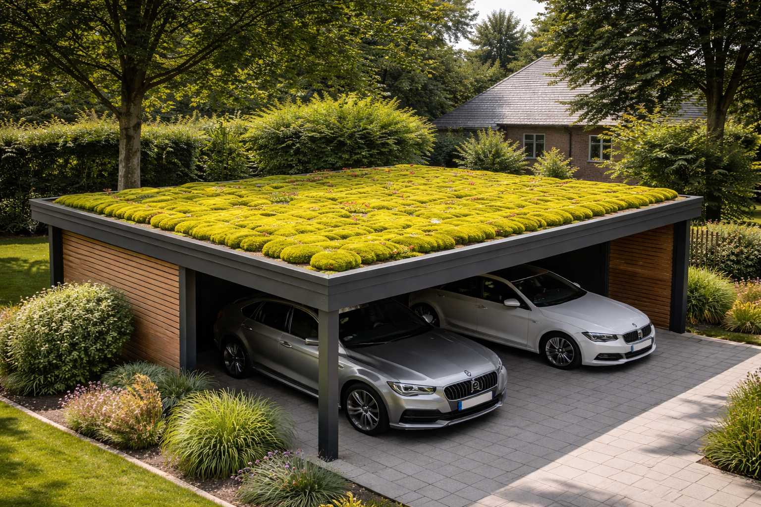 Moderner Carport mit begrüntem Dach aus Moos und Sedum, darunter parkende Autos in einem Garten