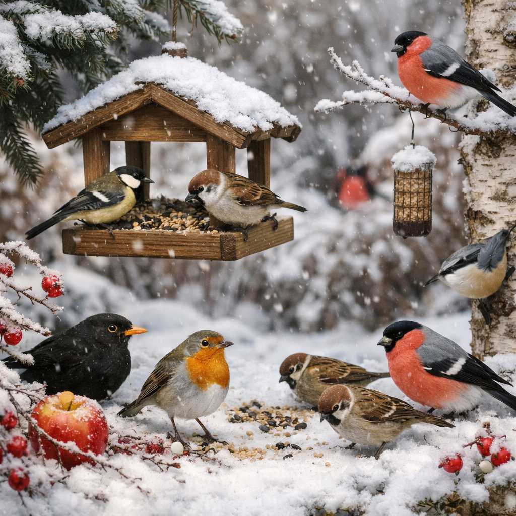 Mehrere heimische Gartenvögel wie Rotkehlchen, Amsel, Meisen und Spatzen fressen an einem Vogelhaus im verschneiten Garten