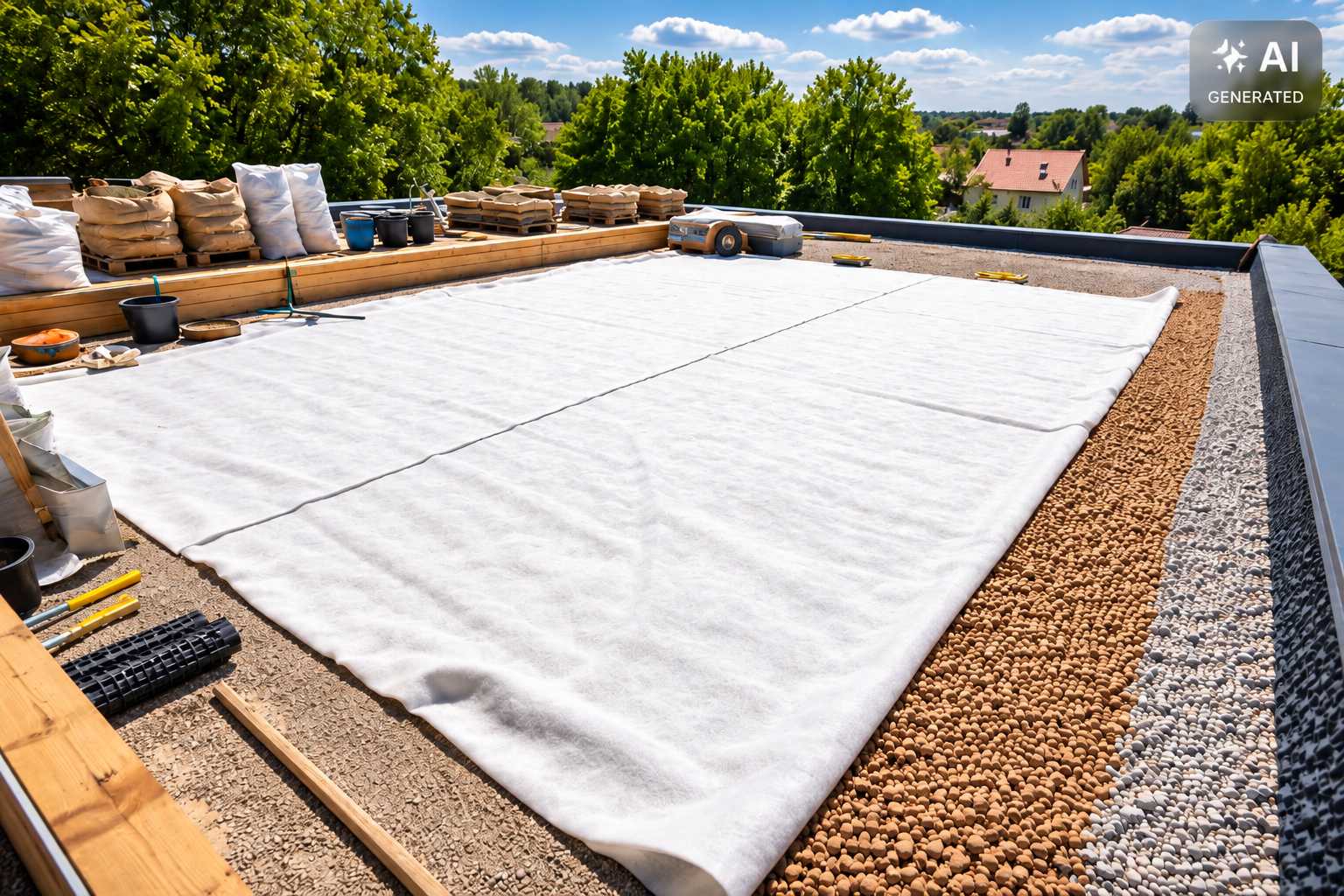 Flachdach mit Schutzvlies und Drainageschicht als Aufbau für eine Dachbegrünung