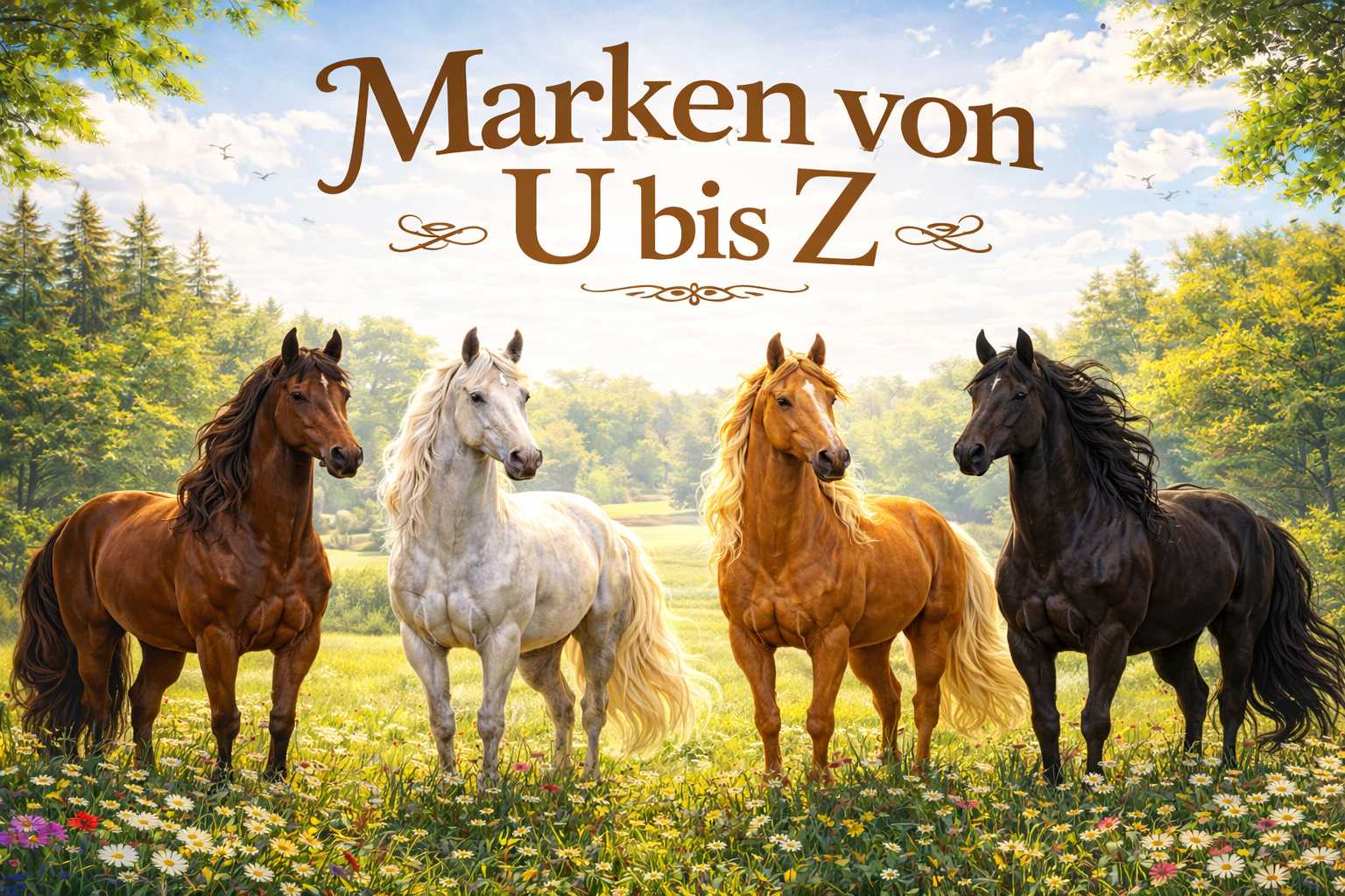 Vier Pferde unterschiedlicher Farben auf einer Wiese mit Schriftzug Marken von A bis Z