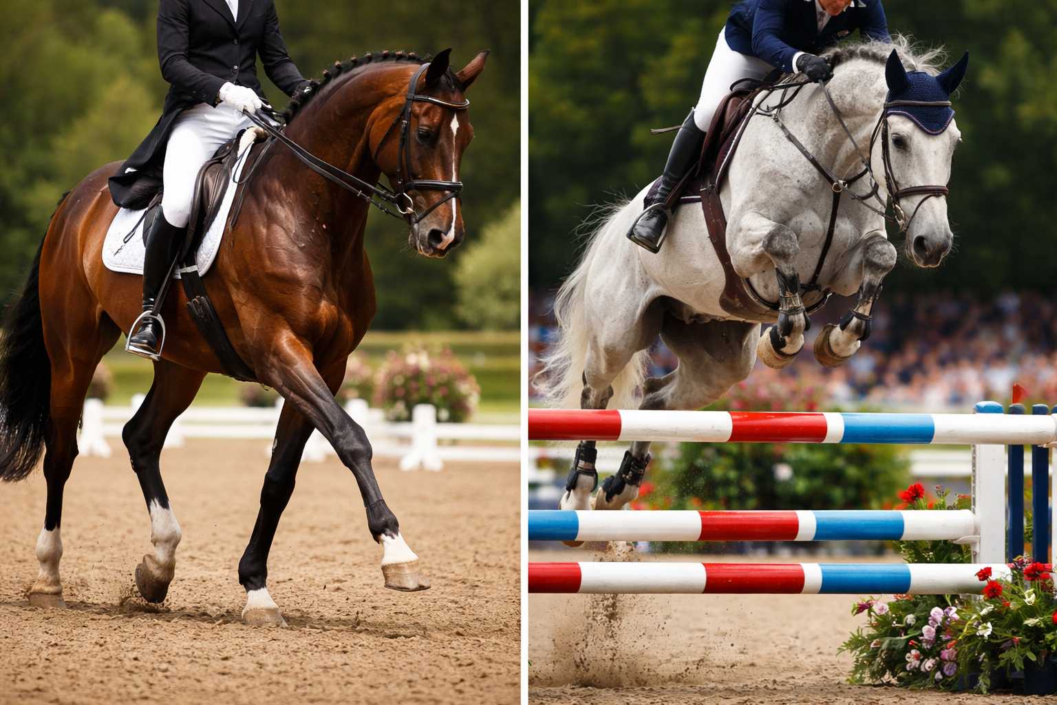 Links ein Dressurpferd in eleganter Bewegung mit Reiter, rechts ein Springpferd beim Überqueren eines Hindernisses im Turnier
