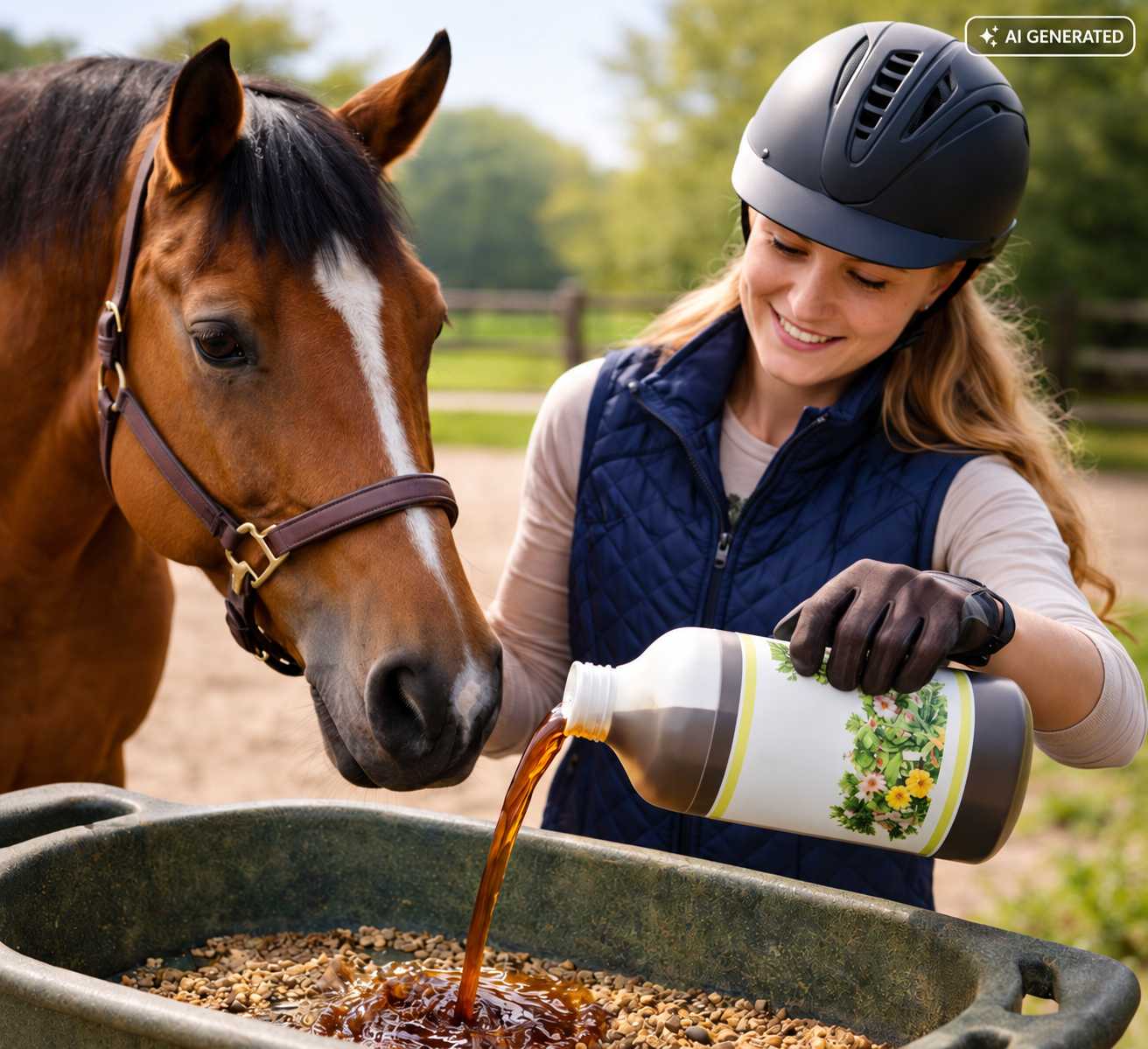 Lächelnde Reiterin mit Helm gießt ein flüssiges Ergänzungsfutter aus einer Flasche in einen Futtertrog mit Pferdefutter. Neben ihr steht ein braunes Pferd.