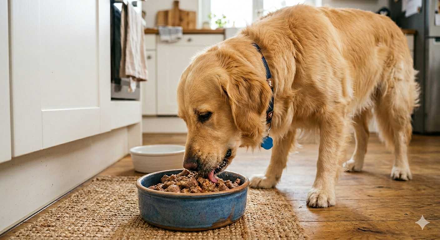 Golden Retriever frisst Nassfutter aus einem Napf in der Küche auf einem Teppich