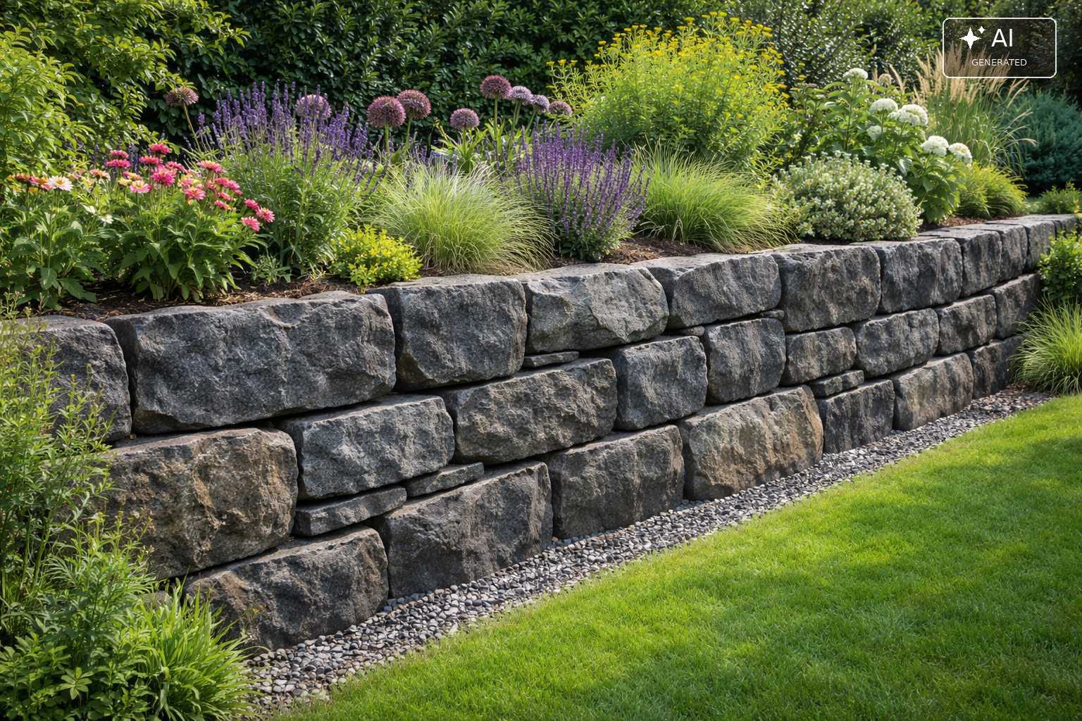 Dunkle Natursteinmauer mit Lavendel, Ziergräsern und blühenden Stauden
