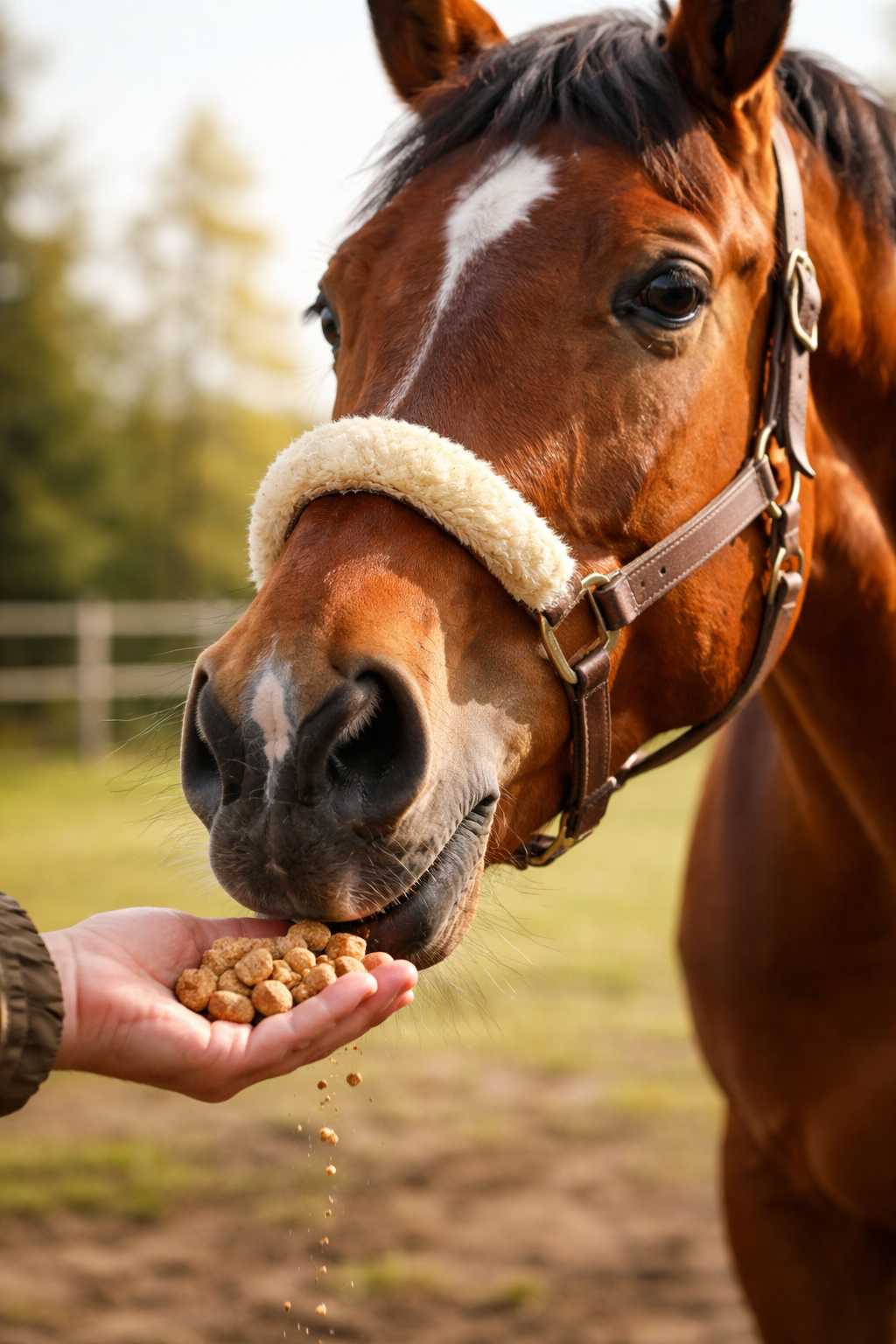 Braunes Pferd mit Halfter frisst Pellets aus der Hand einer Person auf einer Weide