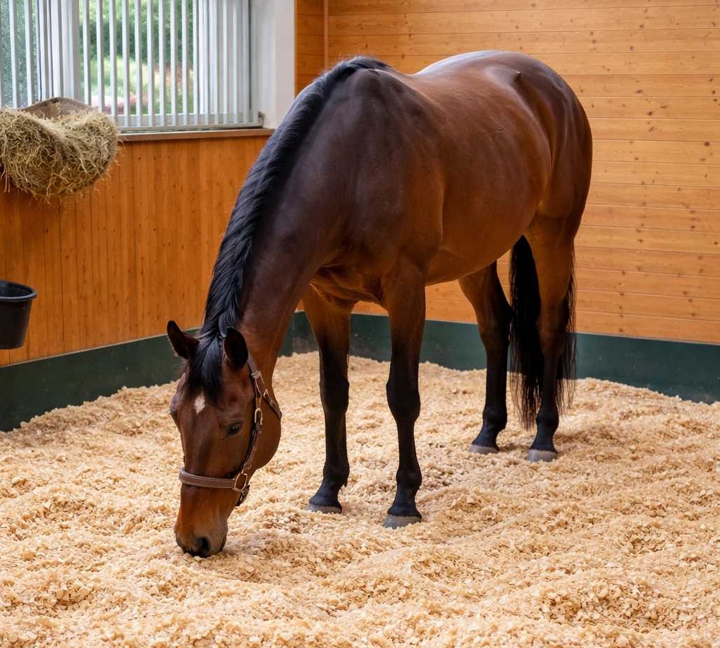 Braunes Pferd steht in einer sauberen Stallbox auf frischer Einstreu und senkt den Kopf zum Boden