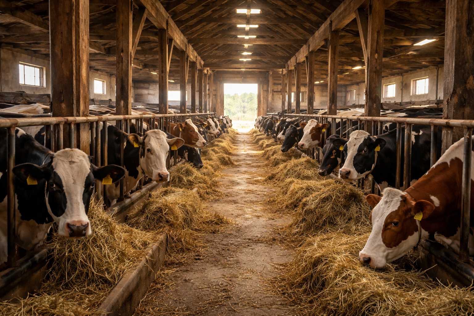 Milchkühe stehen in einem modernen Stall und fressen Heu entlang einer Futterreihe
