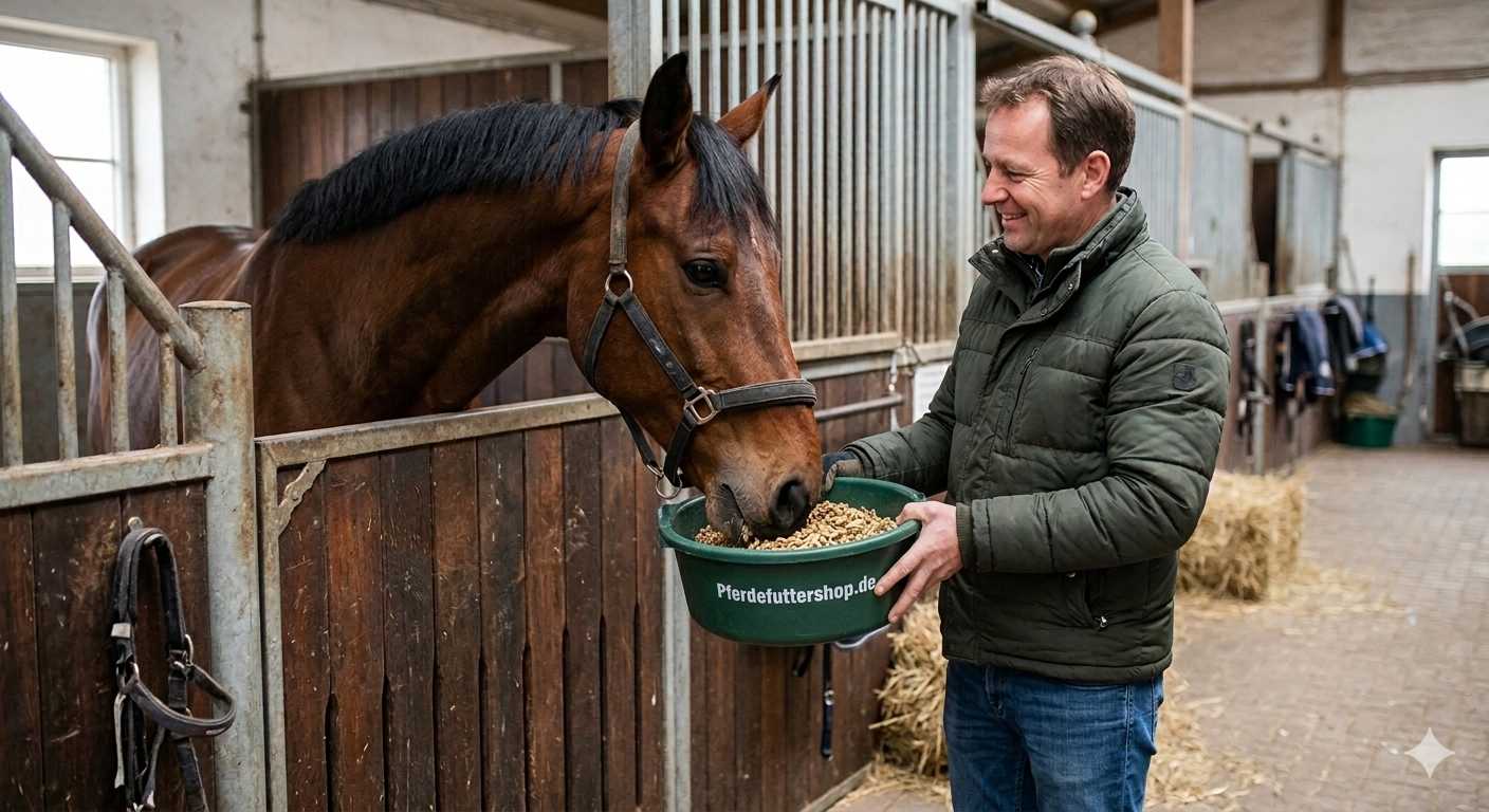 Mann hält Futterschüssel und füttert ein braunes Pferd in der Stallbox